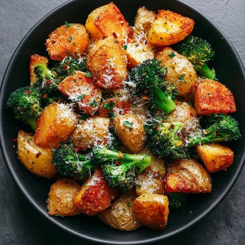 A bowl of roasted potatoes and broccoli.