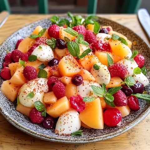 A bowl of fruit salad with melon and raspberry.