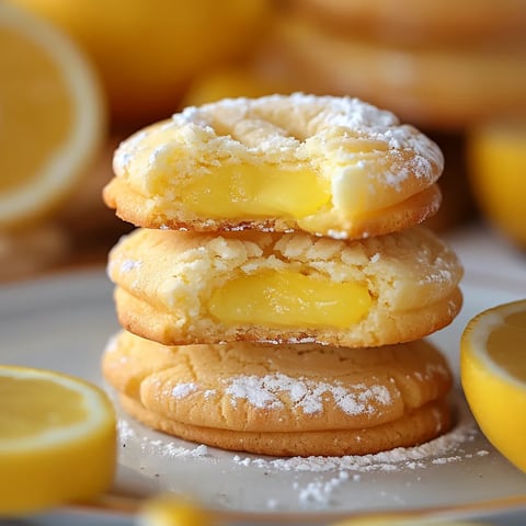 Three stacked cookies with lemon filling.