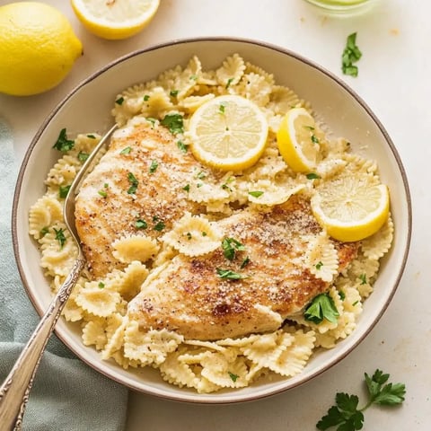 A bowl of pasta with lemon chicken and lemon wedges.