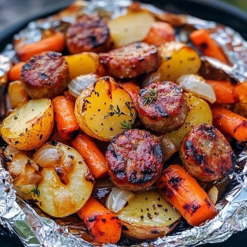 A hobo foil packet filled with meat and vegetables.