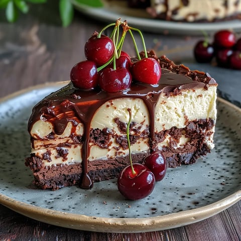 A slice of black forest cheesecake with cherries on top.