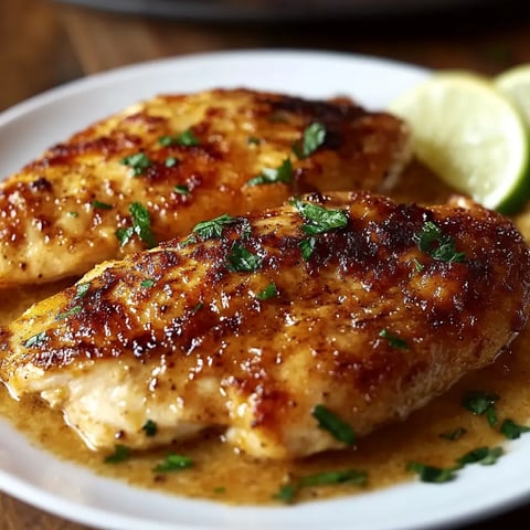 A plate of chicken with sauce and lime wedges.
