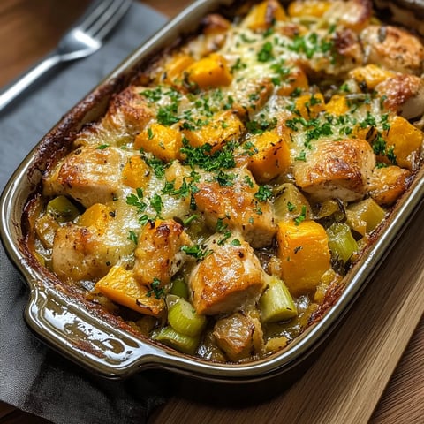 A baked dish with chicken, leek and butternut squash.