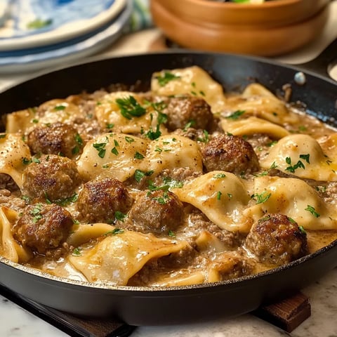A skillet filled with meatballs and pasta.