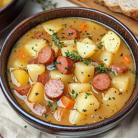 A bowl of soup with sausage and potatoes.