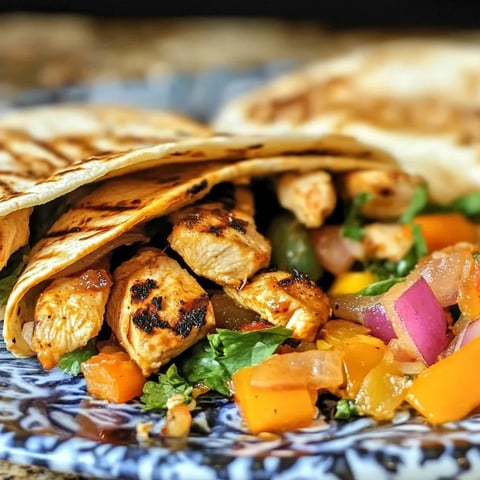 A grilled chicken fajita with peppers and onions.
