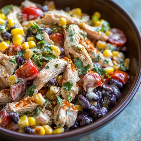 A bowl of chicken salad with tomatoes, corn, and beans.