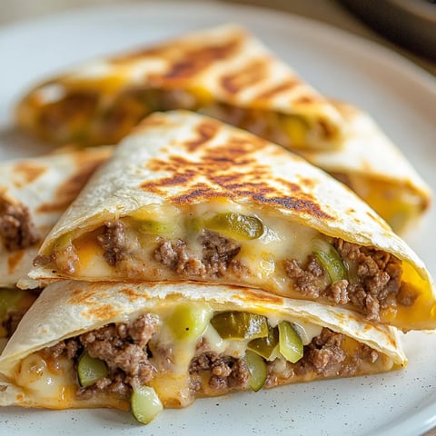 A cheeseburger quesadilla on a plate.