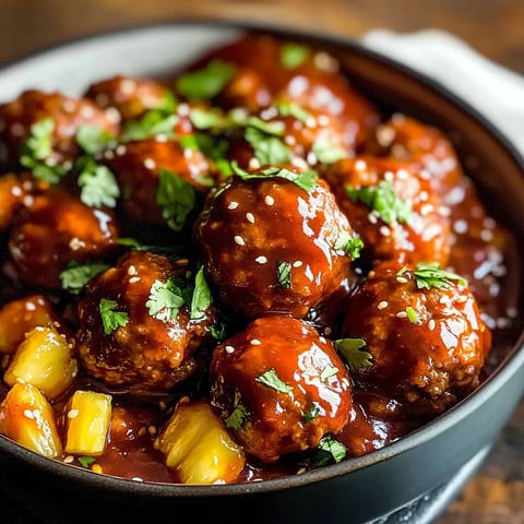 A bowl of meatballs with pineapple sauce.