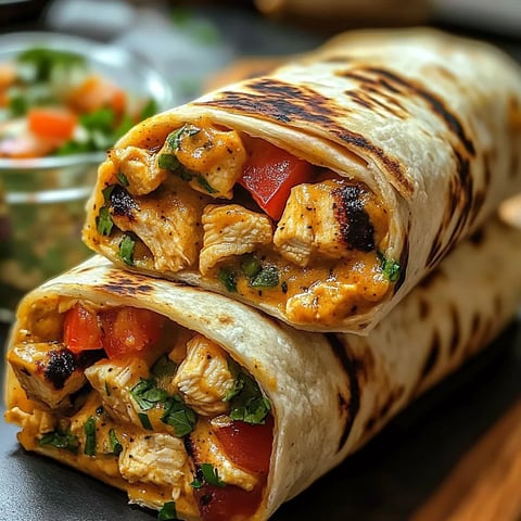 A burrito filled with chicken and tomatoes.