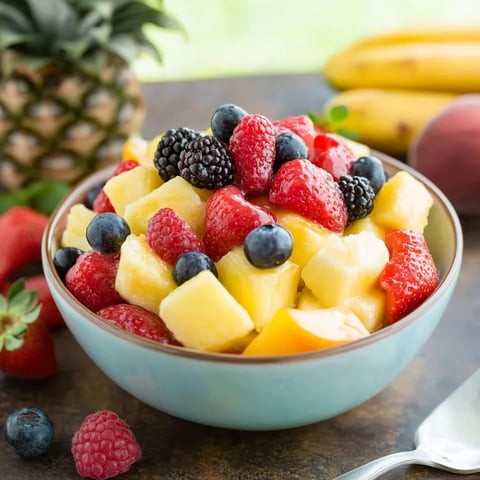 A bowl of fruit salad with blueberries, strawberries, bananas, and pineapple.