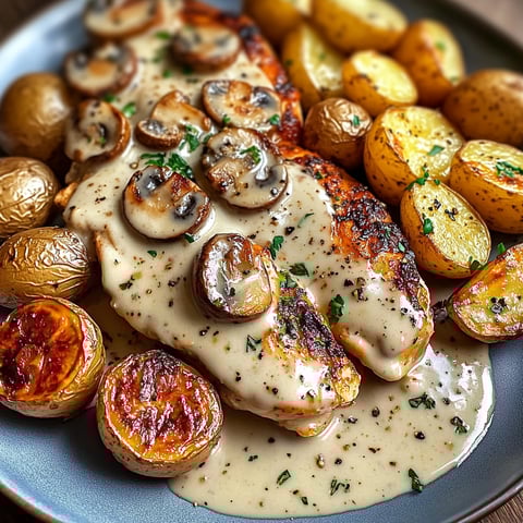 Hot Honey Chicken Alfredo with Crispy Potatoes & Mushroom Fig Sauce