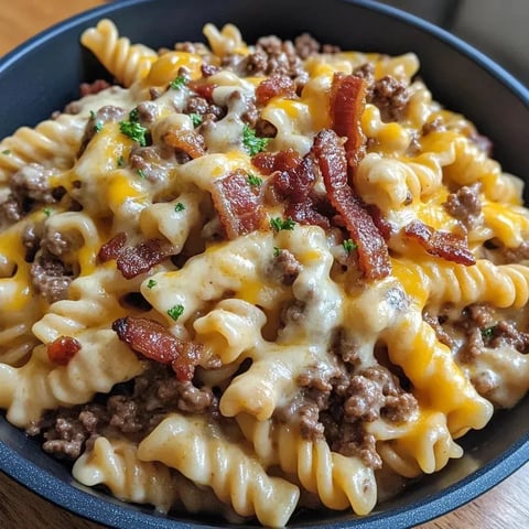 A bowl of pasta with bacon and cheese.