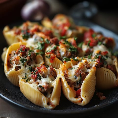Stuffed pasta shells with sausage filling and gooey cheese.