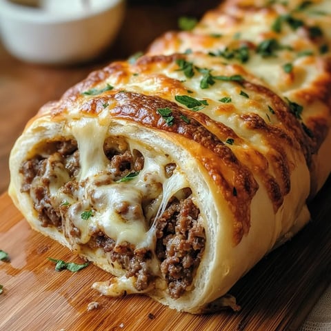 A cheese steak stromboli on a wooden cutting board.