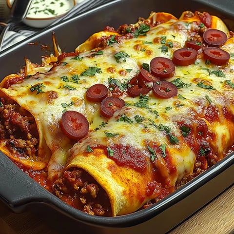 Golden and Cheesy Pizza Enchiladas