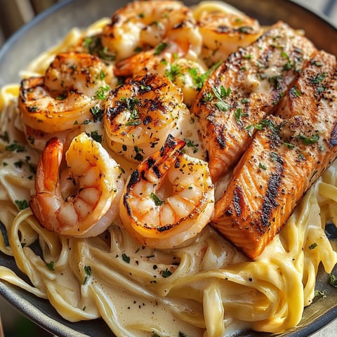 Fettuccine with Grilled Salmon & Shrimp