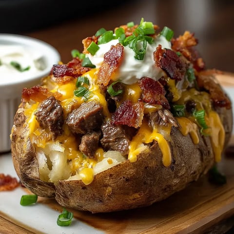 A loaded baked potato with steak bites.