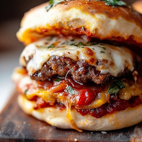 A pizza burger with cheese and tomato sauce.