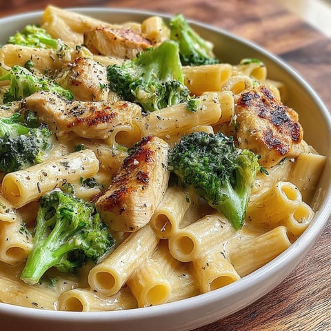 A bowl of creamy chicken and broccoli pasta.