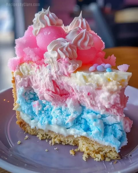 A slice of cotton candy cheesecake dessert.
