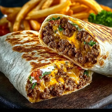 Two cheesy beef burritos with fries.