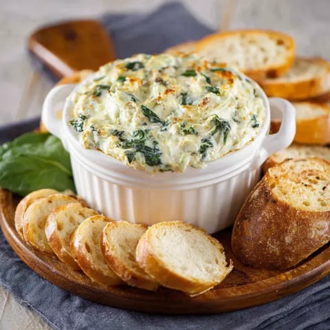 A white bowl filled with spinach artichoke dip.