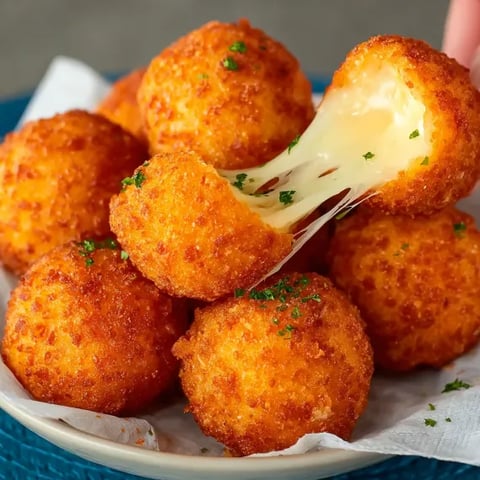 A plate of fried cheese balls with cheese dripping off.