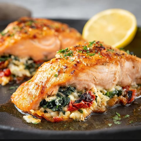 A piece of salmon with a lemon wedge on top.