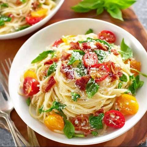 A bowl of spaghetti with tomatoes and bacon.