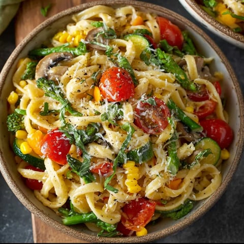 A bowl of pasta primavera with tomatoes, corn, mushrooms, and spinach.