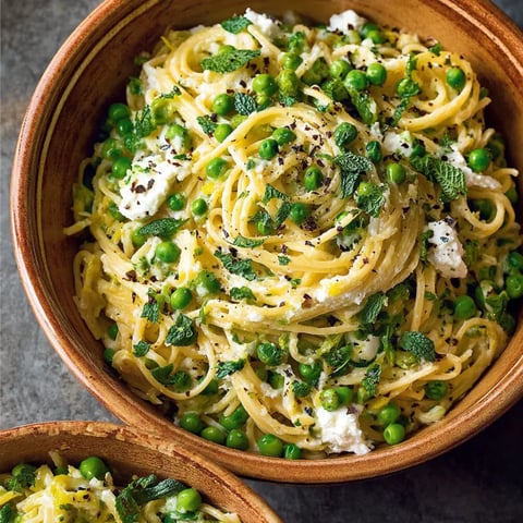 A bowl of spaghetti with goat cheese, mint, and peas.