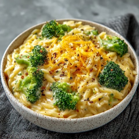 A bowl of creamy broccoli cheddar orzo.