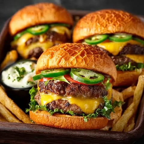 A plate of Southwest Burger with jalapenos and lettuce.