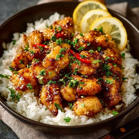 A bowl of honey chicken with rice and lemon wedges.
