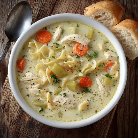 A bowl of creamy chicken noodle soup.