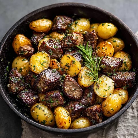 A bowl of beef and potatoes with garlic.