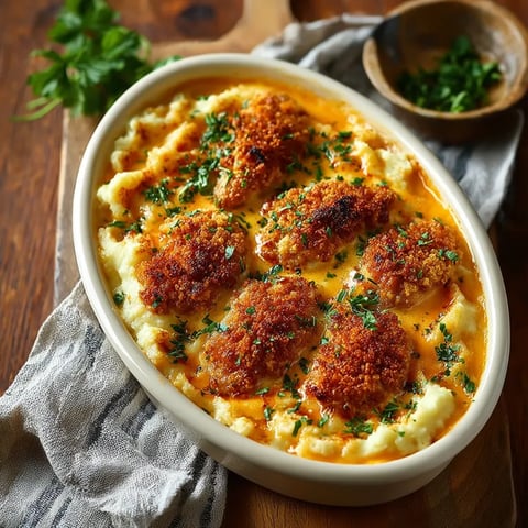 A bowl of mashed potatoes with chicken on top.