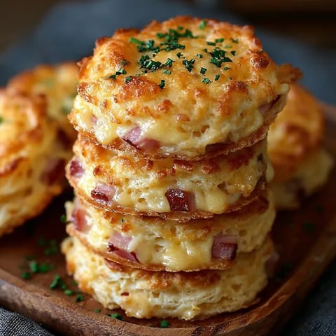 A stack of biscuits with ham and cheese.