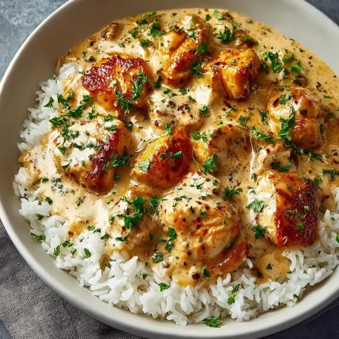 A bowl of creamy smothered chicken and rice.