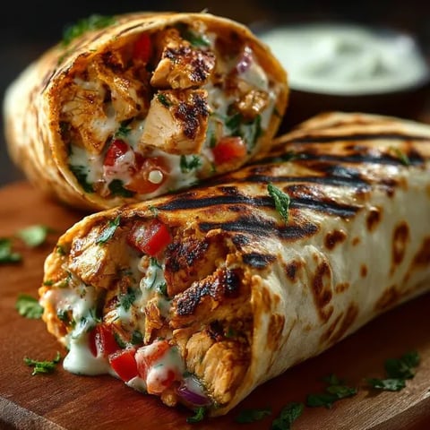 A burrito with grilled chicken and ranch sauce.