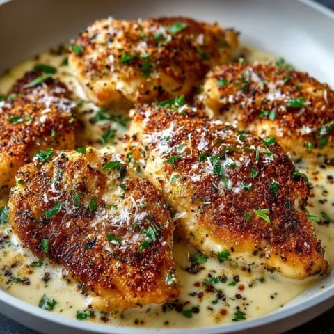 A plate of chicken covered in garlic and Parmesan cheese.