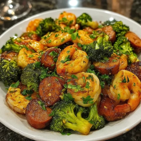 A bowl of shrimp, sausage, and broccoli.