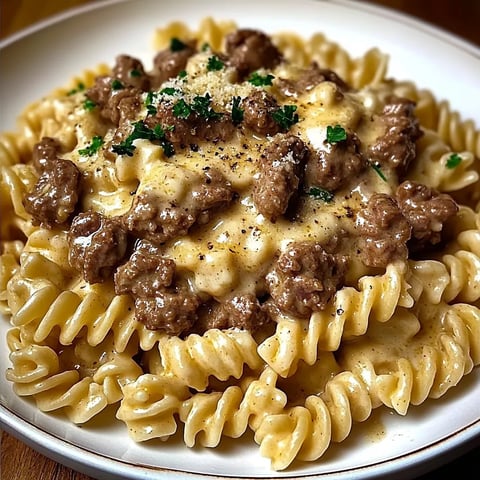 A plate of beef and rotini in garlic parmesan sauce.