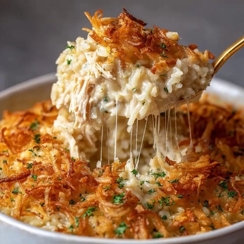 A bowl of French Onion Chicken Rice Bake.