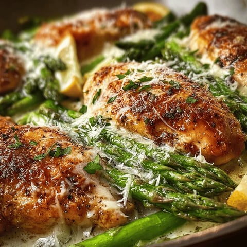 A dish of chicken with asparagus and cheese.