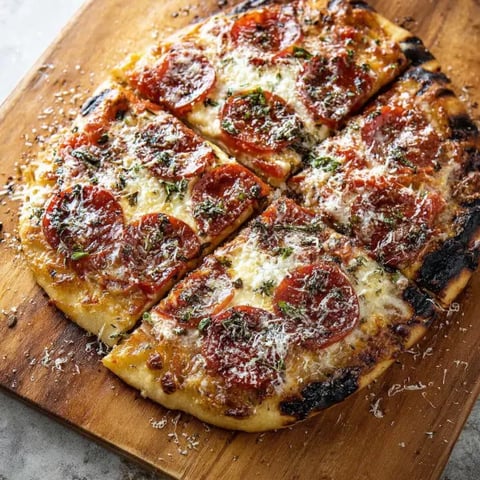 A pizza with pepperoni and cheese on a wooden board.