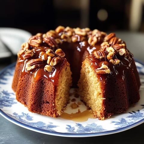 A slice of pecan upside down bundt cake.
