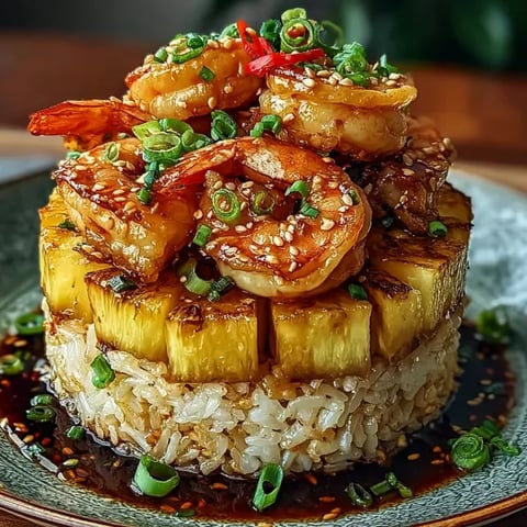 A plate of food with shrimp and pineapple on top.